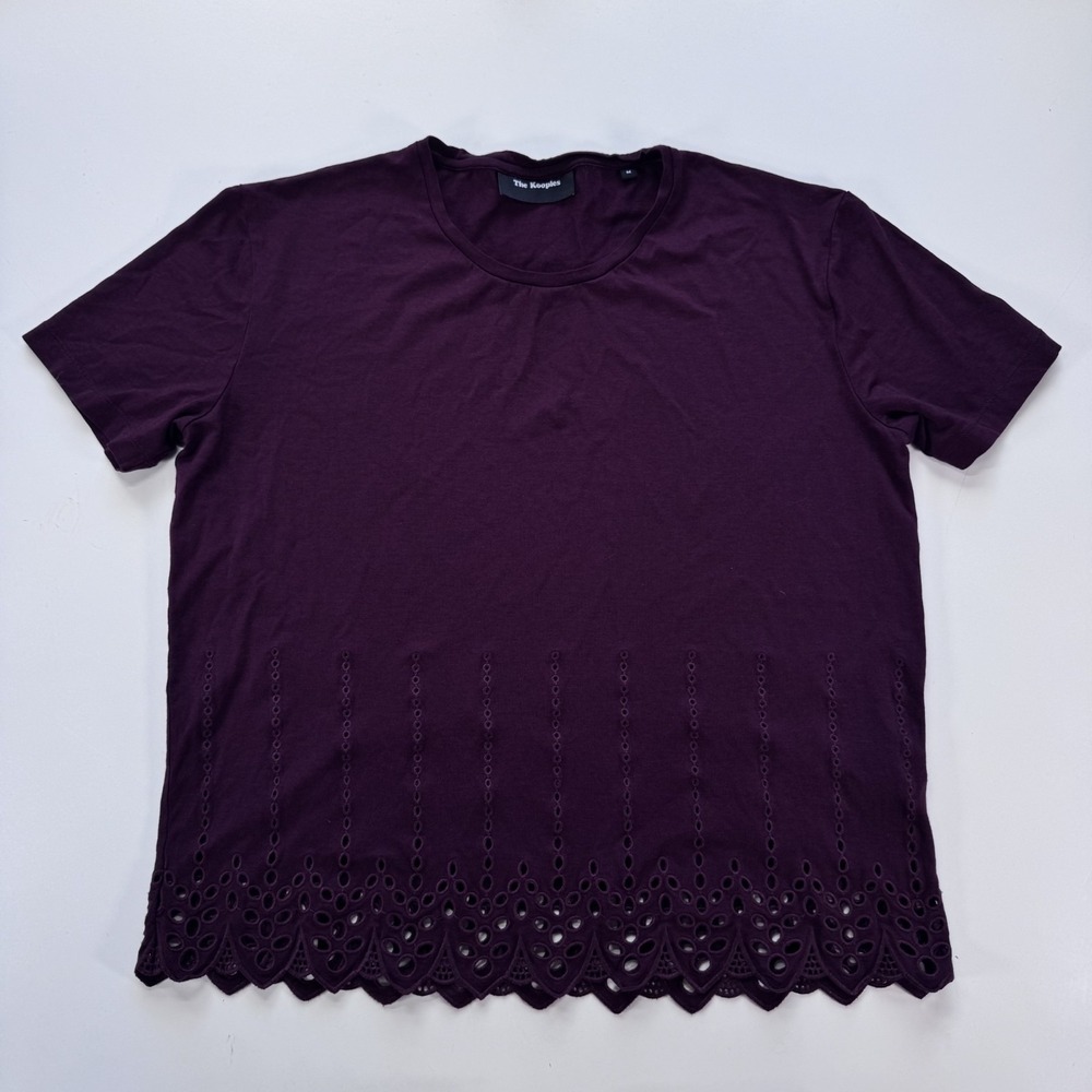 THE KOOPLES Scalloped Eyelet Hem Short Sleeve Shirt Maroon Womens Medium
